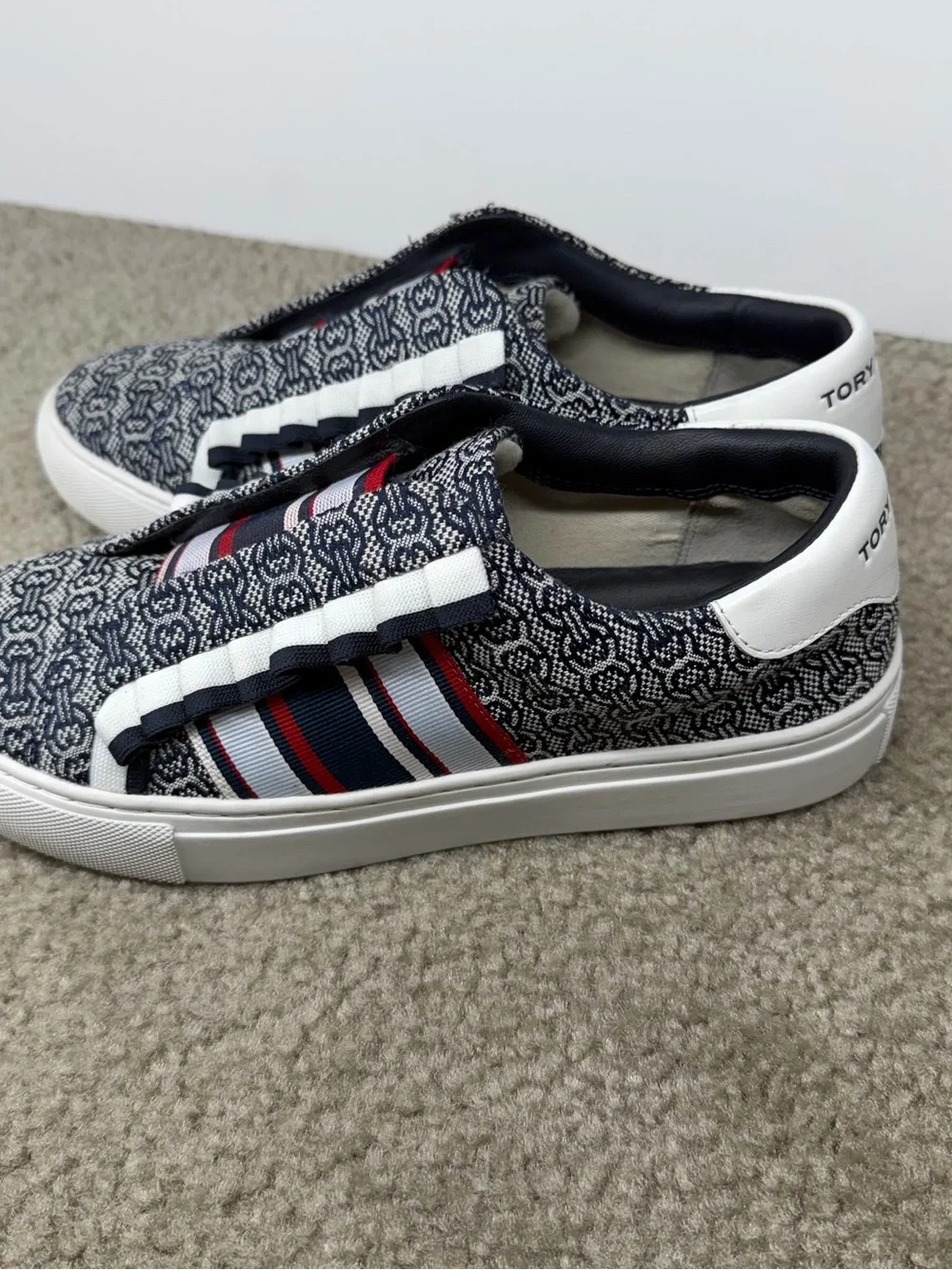 Tory Burch Navy, White & Red Patterned Slip-On Sneakers